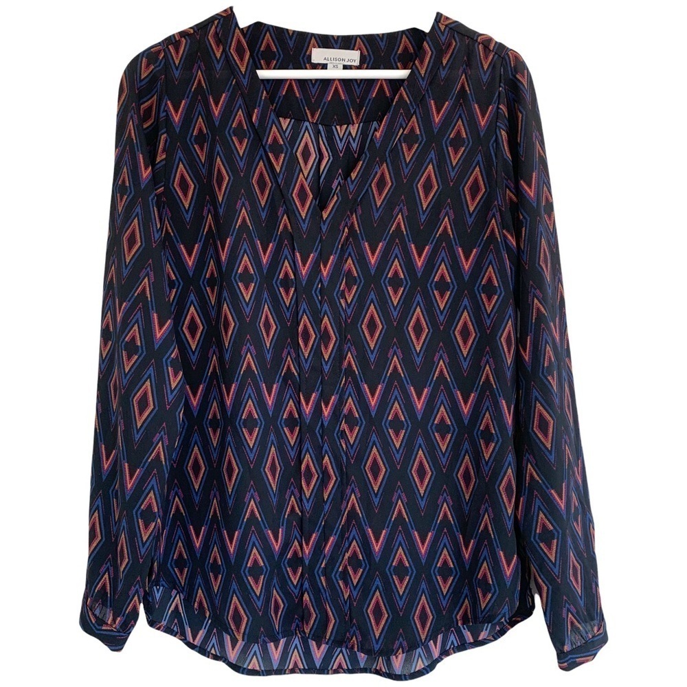 Allison Joy Black Geometric Diamond Rounded ahem Long Sleeve Top Extra Small